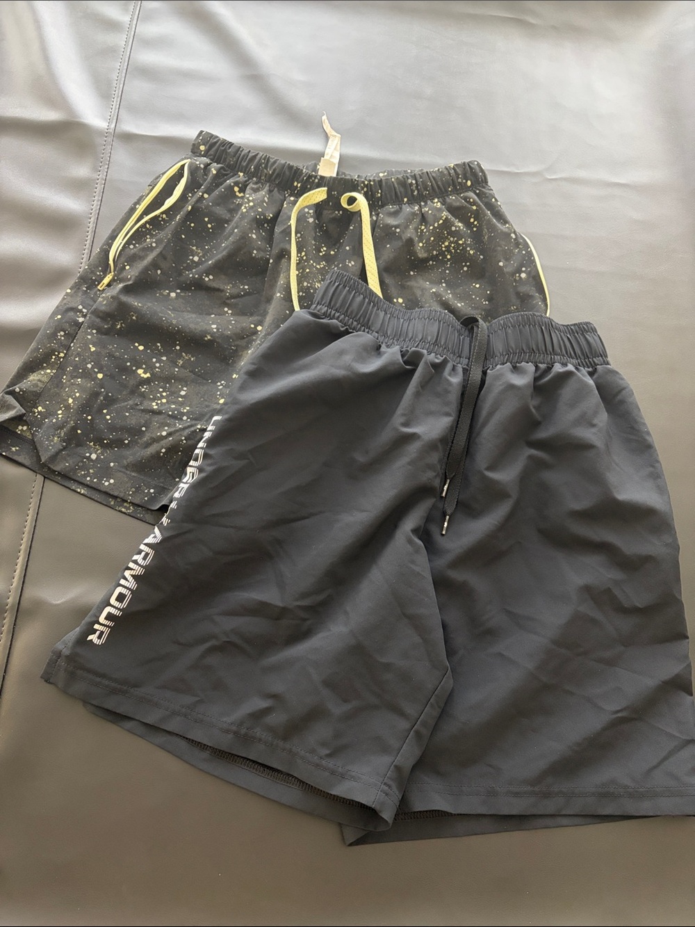 Under Armour Black Athletic Shorts + fabletics Black Splatter Drawstring Shorts